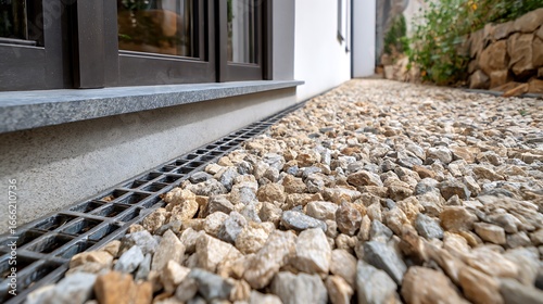 Gravel Path Beside Modern House with Drainage Grate and Stone Wall