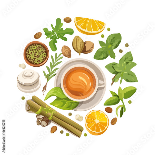 Herbal tea ingredients composition orange lemon mint leaves and spices healthy lifestyle ayurveda beverage drink arrangement on black