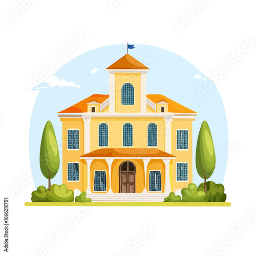 Yellow Mansion Building Illustration with Tall Trees and Blue Accents Against a Light Blue Sky
