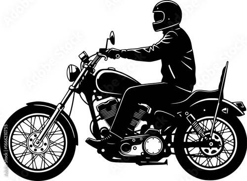 Motorcycle rider silhouette on classic cruiser bike with helmet