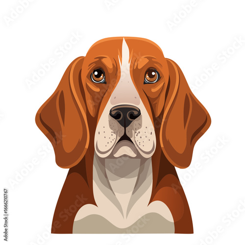 Cartoon-style Foxhound dog portrait with brown coat and white markings on a black background