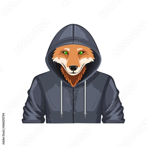 Fox character illustration in hoodie with green eyes on a black background