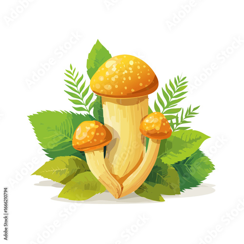 Three yellow spotted mushrooms amid green leaves, botanical illustration, fungus, foliage, cartoon style