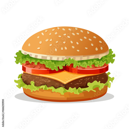 Appetizing cartoon burger with cheese tomatoes lettuce and sesame bun for menu flyers or posters restaurant and fast food design