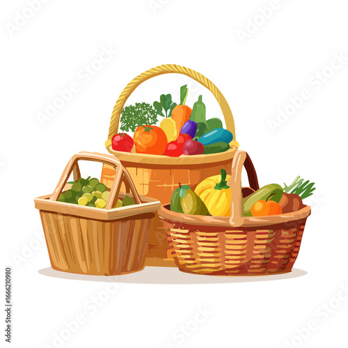 Baskets overflowing with fresh produce. A harvest bounty of colorful vegetables in wicker baskets. Healthy eating theme.