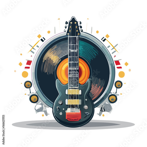 Electric guitar illustration against a vinyl record with sound system elements