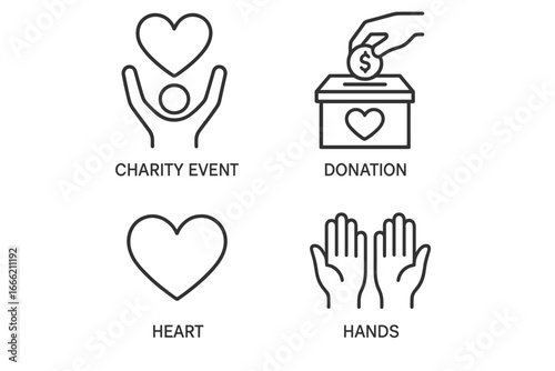 Charity event icons featuring donation box, heart, and open hands