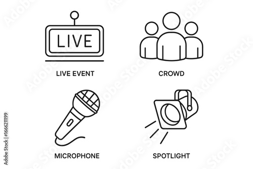 Live event icon set: microphone, spotlight, crowd illustrations