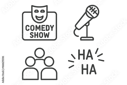 Comedy show icons with microphone and audience symbols in simple line art