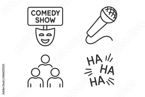 Icons representing a comedy show with microphone and audience elements
