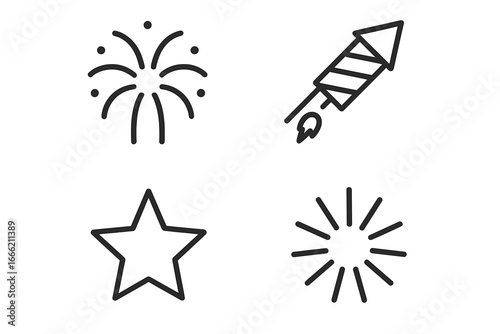 Simple line icons of fireworks, rocket, star, and spark for celebration themes