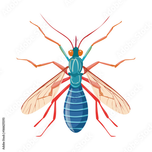 Colorful Cartoon Insect with Wings and Antennae on Black Background