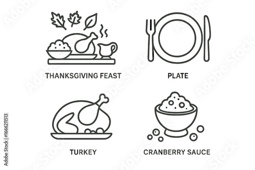 Thanksgiving feast elements: turkey, dinner plate, cranberry sauce, gravy