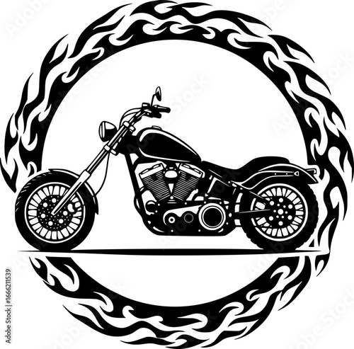 Custom chopper motorcycle silhouette in decorative flame circle border emblem design