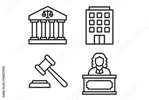 Legal and justice icons featuring courthouse, office building, gavel, and judge