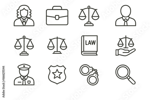 Law and justice icons featuring scales, briefcase, police badge, handcuffs, magnifying glass
