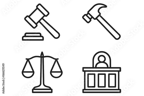 Law and construction symbols: gavel, hammer, scales, courtroom icon set