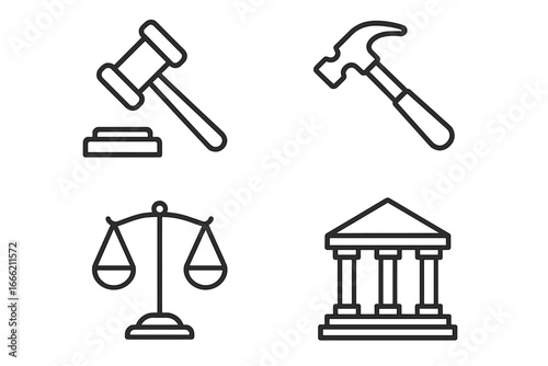 Legal symbols including gavel hammmer scales and courthouse icons