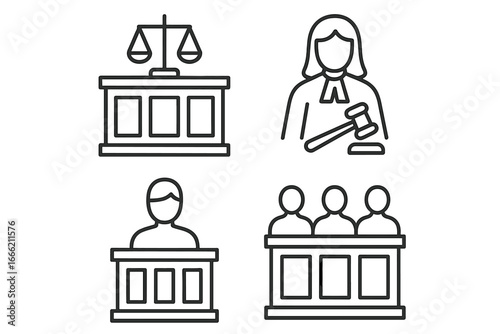 Legal icons: scales, lawyer, judge, and jury line art set