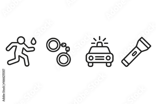 Outline icons of fugitive, handcuffs, police car, and flashlight