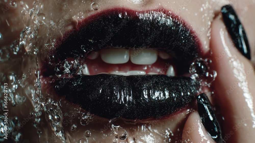 Obraz premium Sexy Vampire Woman lips with blood,Dripping blood on mouth, witches or beast creatures,female lips with fangs,horror holiday monsters,Vampire makeup Fashion Art design,Halloween banner background.