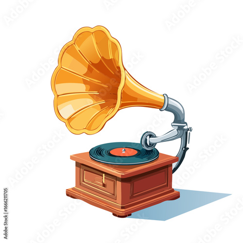 Vintage gramophone playing vinyl record, antique phonograph with golden horn speaker for classical music