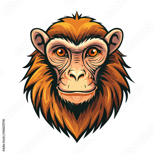 Illustration of a monkey head with orange fur and a gentle expression on a black background.