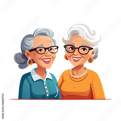Two older women smiling, wearing glasses and stylish outfits, cartoon vector