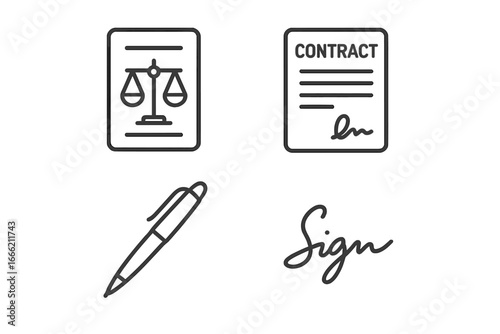 Legal document icons with pen and signature illustration