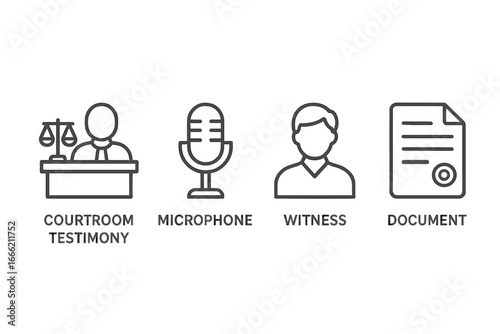 Courtroom icons: testimony, microphone, witness, document