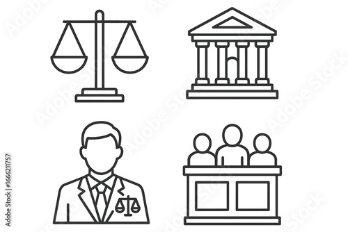 Legal system icons: scales, courthouse, lawyer, jury in simple line art