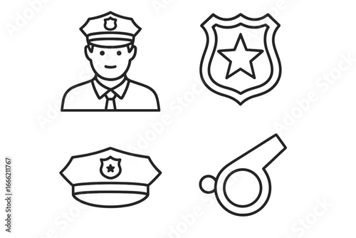 Police officer icons: badge, hat, whistle symbol set