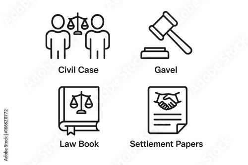 Legal icons depicting civil case, gavel, law book, and settlement papers