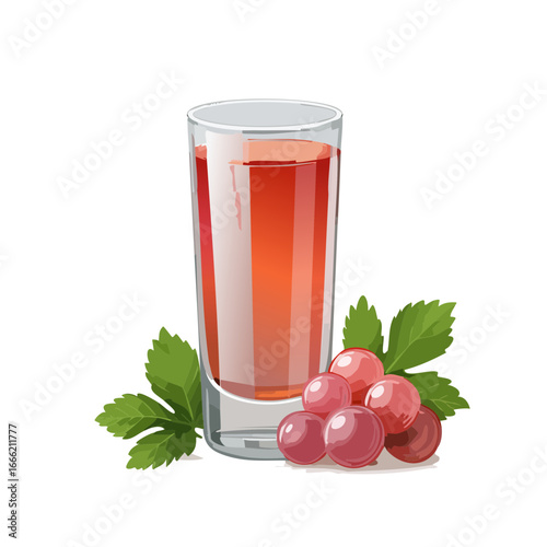 Glass of Red Grape Juice with Fresh Grapes and Green Leaves on Black Background