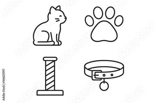 Cat essentials: outline icons of cat, paw, scratching post, and collar