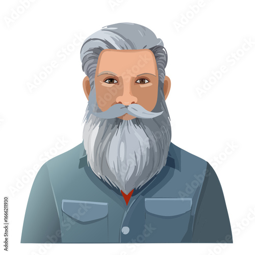 Older man portrait with grey hair and beard illustration style character design friendly demeanor concept vector