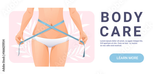 Body care slim waist measuring tape fitness concept woman in underwear holding tape around hips pastel background health wellness landing page