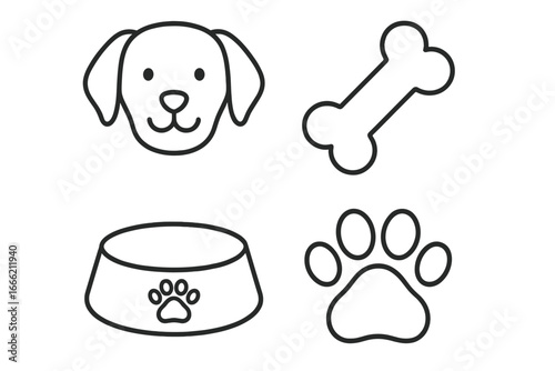Cute dog and pet symbols: bone, paw, bowl illustrations in black and white