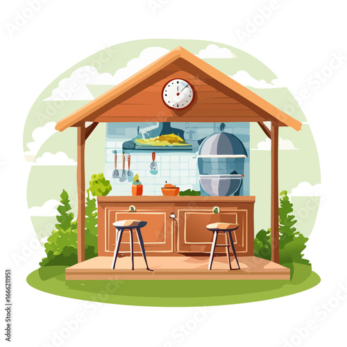 Outdoor kitchen pavilion counter stools and cooking equipment stylized illustration