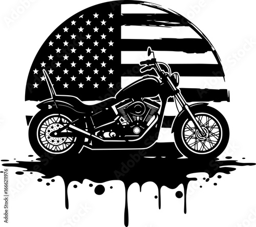 Cruiser motorcycle silhouette with american flag backdrop and grunge drip effect patriotic design