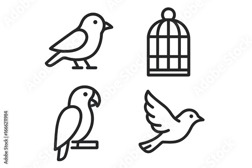Black and white line art of birds and birdcage with various bird designs