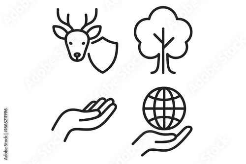 Nature conservation symbols: deer, tree, helping hands, globe in line art design