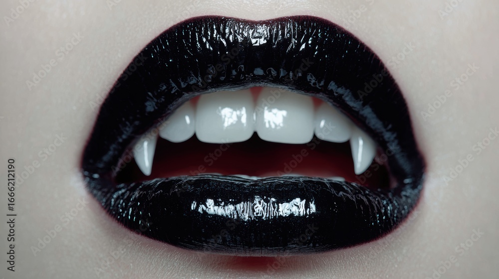 Fototapeta premium Sexy Vampire Woman lips with blood,Dripping blood on mouth, witches or beast creatures,female lips with fangs,horror holiday monsters,Vampire makeup Fashion Art design,Halloween banner background.