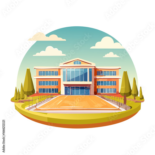 Cartoon illustration of a large school building with a courtyard and trees on a sunny day. Education concept.