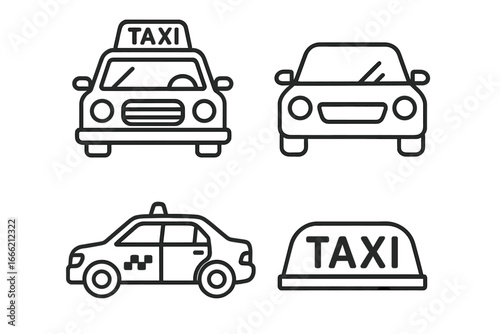 Black and white taxi icons set with car and sign illustrations