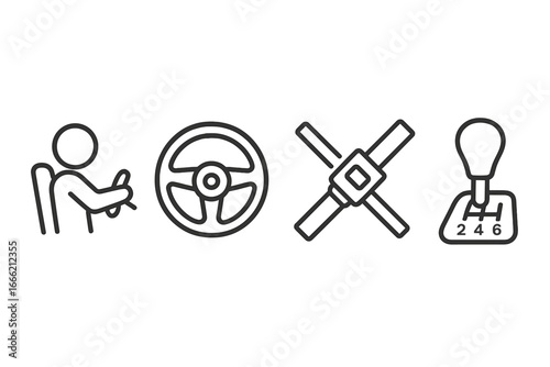 Driving safety icons: steering wheel, seat belt, gear shift, driver