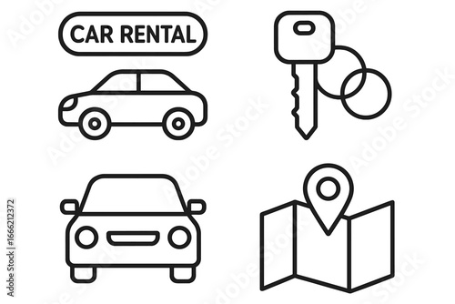Car rental icons: vehicle, key, location, and map symbols