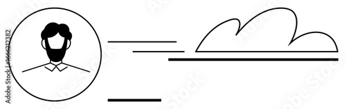 Male avatar enclosed in circular border with lines connecting to a cloud, representing data transfer, networking, profile synchronization. Ideal for communication, technology, computing, storage