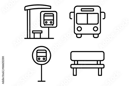 Simple black and white icons of bus, bus stop, bench, round sign