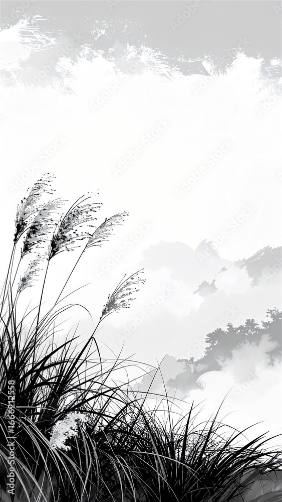 Fototapeta premium すすき日本画風-背景空と山03